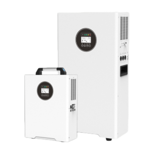 NLB Series All-in-One Solar Energy Storage System | 1.2KW - 6KW Two different sized white SNADI NLB series integrated solar energy storage systems featuring circular LCD displays, built-in LiFePO4 batteries, and integrated MPPT controllers.