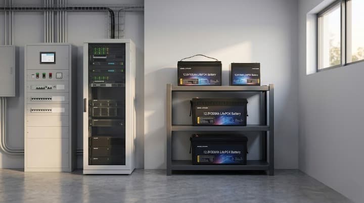 Integrated Lithium Battery Solutions for Data Center Power | SNADI/SNAT Solar An integrated lithium battery based energy storage and backup power solution for a modern data center, showing a power management cabinet, a server rack, and four high-capacity 12.8V LiFePO4 battery packs on a storage shelf.