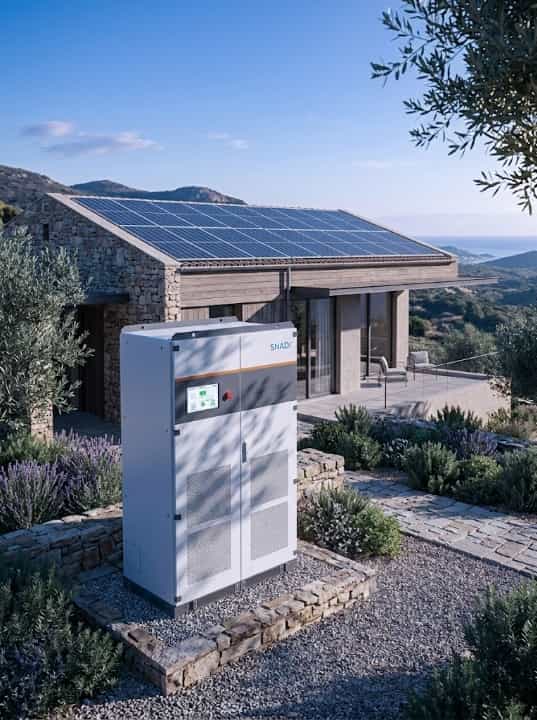SNADI Off grid Solar Solutions: Coastal Home Energy Storage A large SNADI solar energy storage battery system cabinet is positioned in the foreground, with a modern off-grid coastal home featuring rooftop solar panels and lavender beds in the background, overlooking the sea.