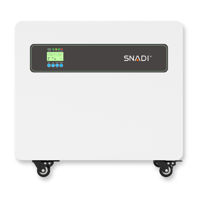 SNADI HTB 3.6kW-5kW Solar Power Generator | Integrated Front Design Front view of SNADI HTB series 3.6kW to 5kW solar power generator featuring a smart LCD display and mobile caster wheels for easy transport.