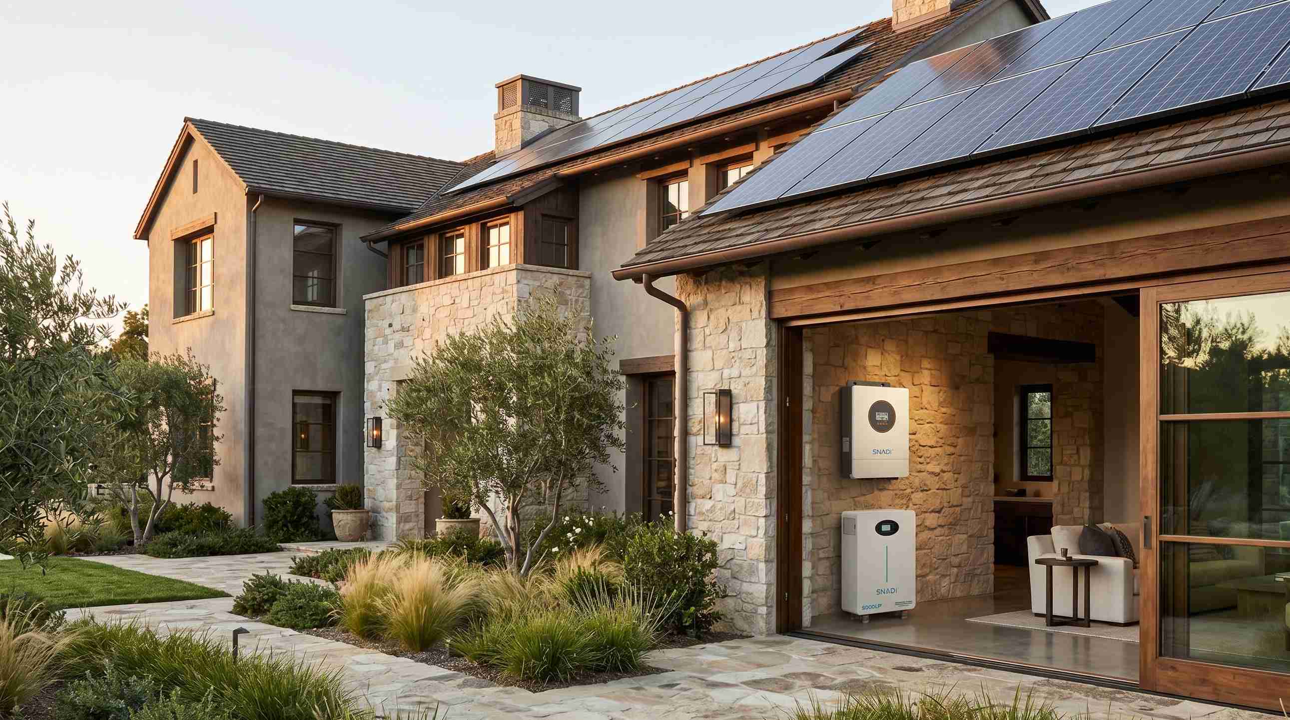 10kW 32kWh Luxury Home Solar Energy Storage System | SNADI Solar SNADI 10kW ES hybrid inverter and 32kWh lithium battery storage system installed in a luxury villa for 24/7 whole-home power backup.