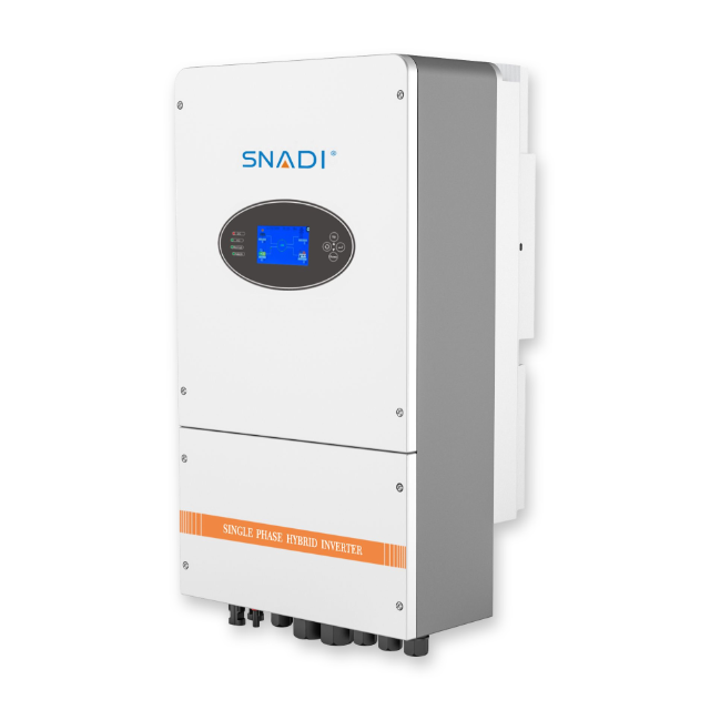 SNADI 8KW Single Phase Hybrid Inverter | BLD Series Solar Inverter SNADI 8KW single phase hybrid solar inverter with LCD display and bottom connection ports, isometric view.