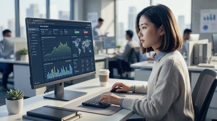 Real time Solar Monitoring & Online Optimization | Smart Energy Management Operations specialist monitoring real time solar inverter data and system performance through SNADI's online cloud platform.