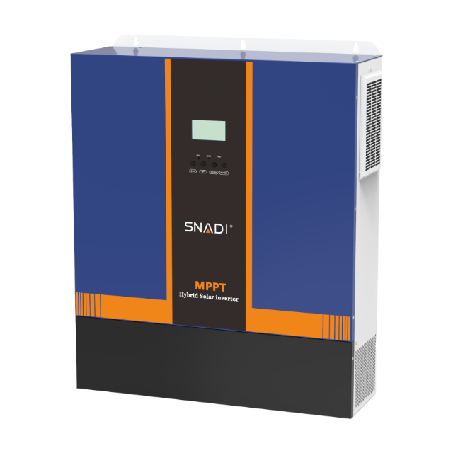 Reliable 8.5kW NKH Off-grid Inverter | Pure Sine Wave Output Side view of SNADI NKH 8.5kW off-grid hybrid inverter featuring industrial cooling vents and a robust ring transformer structure.