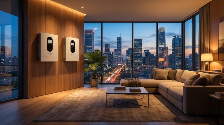 Hybrid Solar Inverter Solutions | Modern Residential Energy Independence | SNADI/SANT SNADI/SNAT hybrid solar inverters installed in a modern urban apartment, showcasing a flexible on and off grid energy independence solution for residential smart homes.