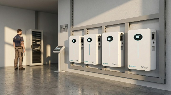 Modular Wall Mounted Lithium Battery Energy Storage Systems | Scalable Solutions by SNADI/SNAT Solar A professional installation of a modular, wall-mounted lithium-ion battery energy storage system solution featuring four SNADI BL-1000L (51.2V 100Ah LiFePO4) units. The scalable battery setup is located in a modern technical room adjacent to a server rack, suitable for commercial and large residential applications.