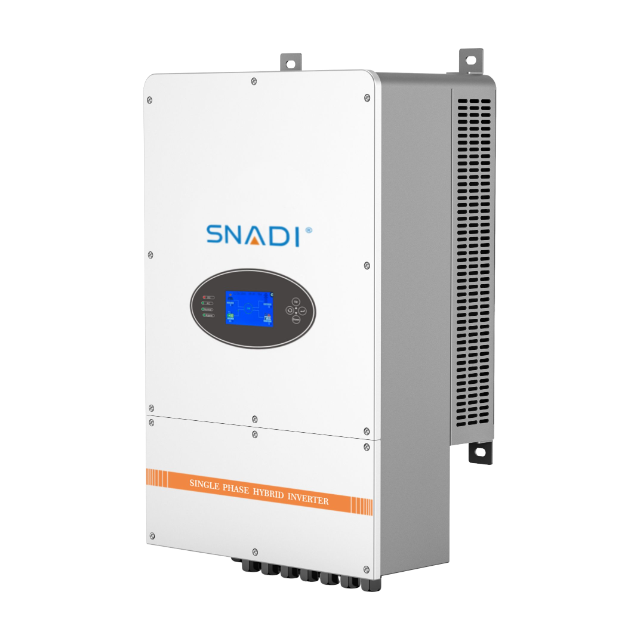 SNADI 12kW High Capacity Hybrid Inverter | BLD Series Side Profile Right side isometric view of SNADI BLD 12kW single phase hybrid inverter featuring robust cooling vents and interactive LCD display.