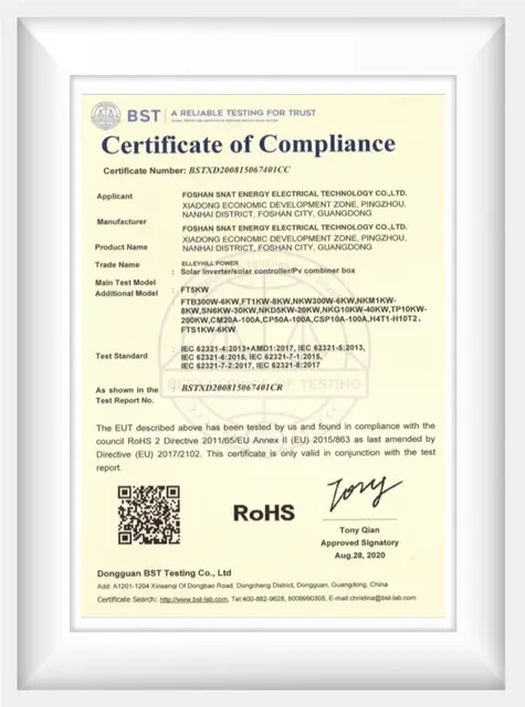 SNADI Solar Products RoHS Compliance Certification RoHS Certificate of Compliance for SNADI Solar Inverter, Solar Controller, and PV Combiner Box.