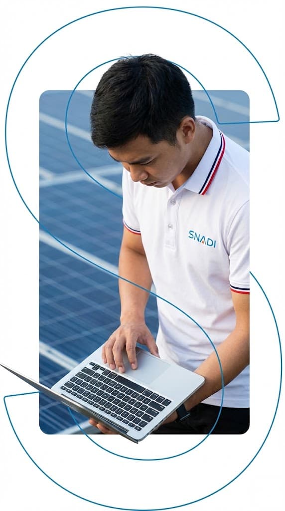 SNADI technician working on a laptop at a solar power site A male SNADI technician wearing a white polo shirt with the company logo, using a laptop in front of solar panels.