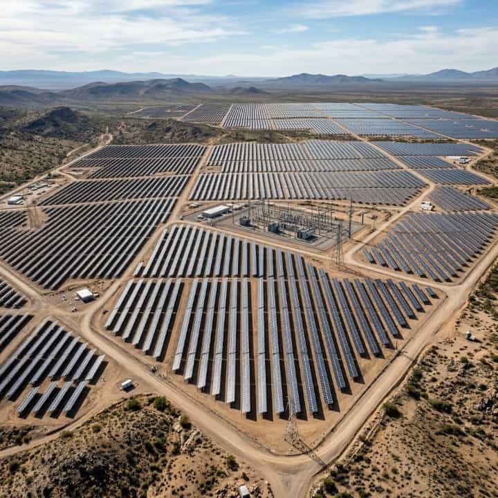 Utility Scale Solar Solutions & Large Scale PV Plants | SNADI / SNAT Solar Aerial bird's eye view of a massive utility-scale solar farm infrastructure by SNADI SNAT Solar, featuring organized rows of photovoltaic panels in an arid landscape.