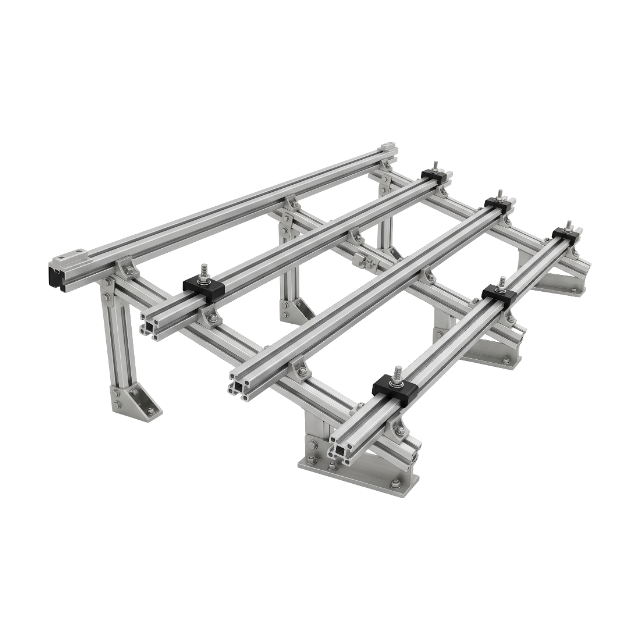Rooftop Solar Panel Mounting System & Aluminum Racking Structure | SNADI Professional 3D rendering of an aluminum rooftop solar panel mounting system and racking structure isolated on a white background.