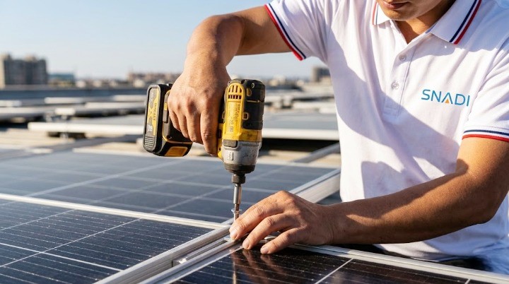 Professional Solar Installation Services | Efficient Turnkey Project Execution Close up of a SNADI engineer using a power tool to install solar panels on a rooftop for a turnkey solar project.