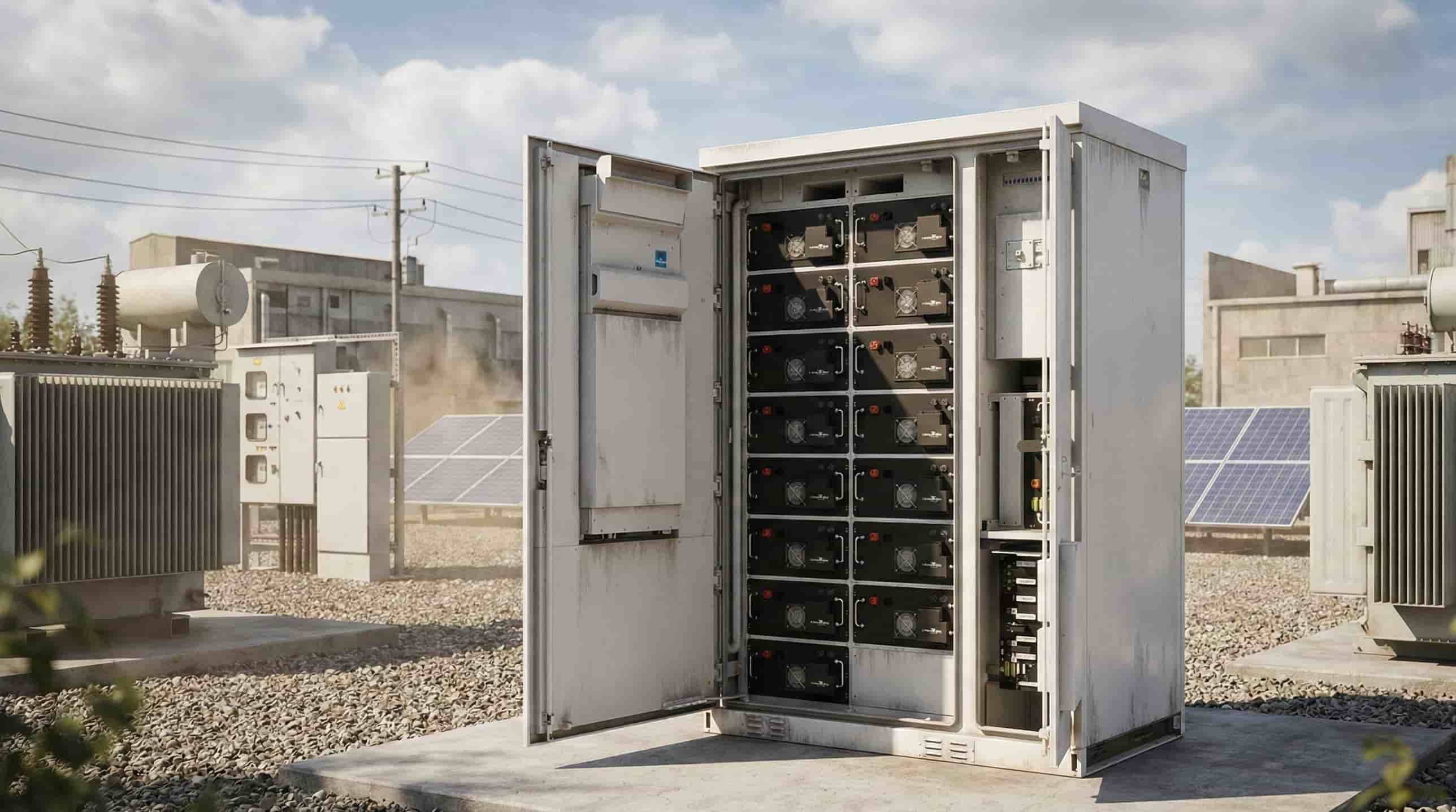 High-Capacity Outdoor C&I Energy Storage System for Industrial Power Support Rugged outdoor commercial and industrial energy storage system (ESS) cabinet with open doors revealing internal high capacity battery modules at an industrial site with solar panels.