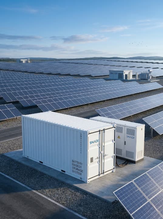Utility Scale Solar & BESS Solutions NADI SNAT utility scale solar energy solution featuring integrated solar panel arrays and a containerized battery energy storage system (BESS).