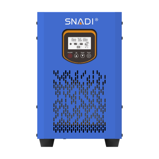 SNADI FTB Series 0.5KW-6KW | Vertical Low Frequency Inverter Front view of the SNADI FTB series low frequency inverter featuring a vertical tower design and a user-friendly LCD control panel.