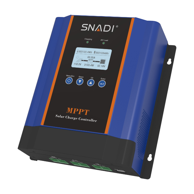 SNADI CM 50A 60A MPPT Solar Charge Controller | 12V-48V Auto Side perspective of SNADI CM series 50A/60A MPPT solar controller showing the rugged design and high-efficiency heat dissipation.
