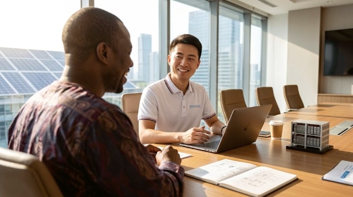 Expert Solar Energy Consultation | Professional Turnkey Solutions by SNADI SNADI solar energy experts providing professional consultation and customized storage solutions for global clients in a meeting room.