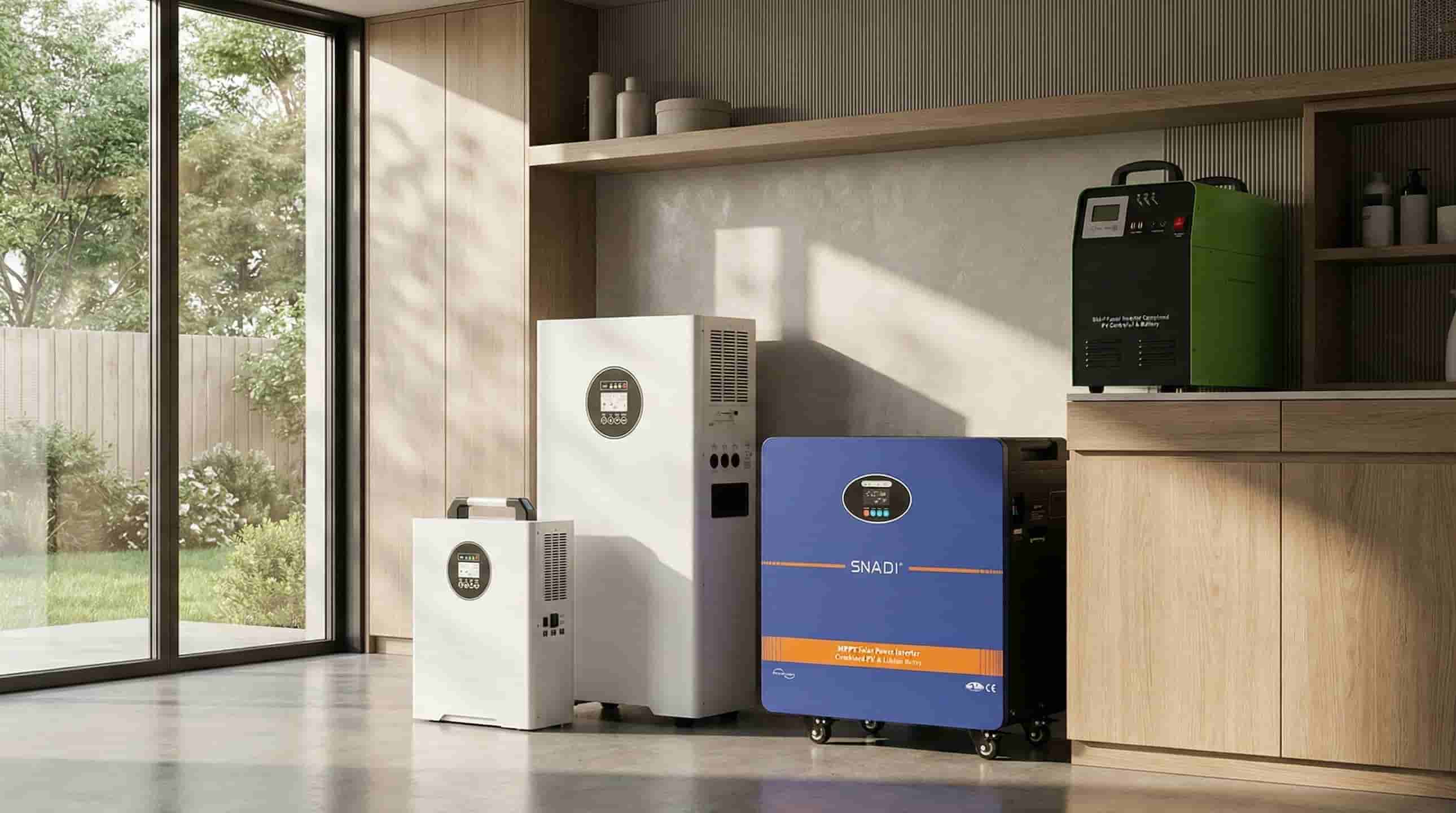 SNADI All-in-One Residential Solar Energy Storage & Portable Power Solutions SNADI/SNAT Solar residential all-in-one solar energy storage systems and portable LiFePO4 battery power stations displayed in a modern, sunlit home interior for sustainable energy management.