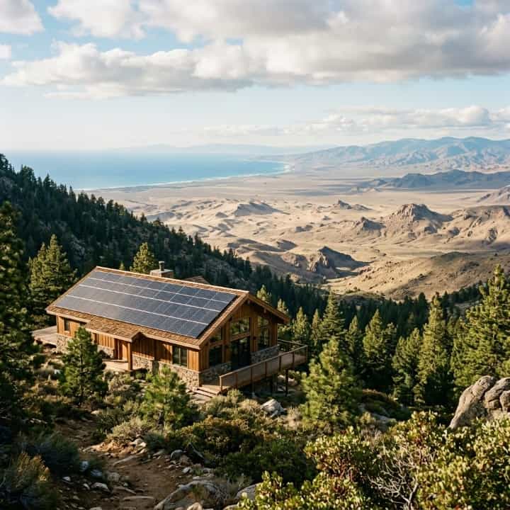 SNADI Solar | Utility Scale Solutions for Remote Environments A high resolution photograph of a remote wooden mountain cabin with a large rooftop solar panel array, overlooking a vast desert valley and the sea, illustrating SNADI/SNAT Solar's utility scale solutions.