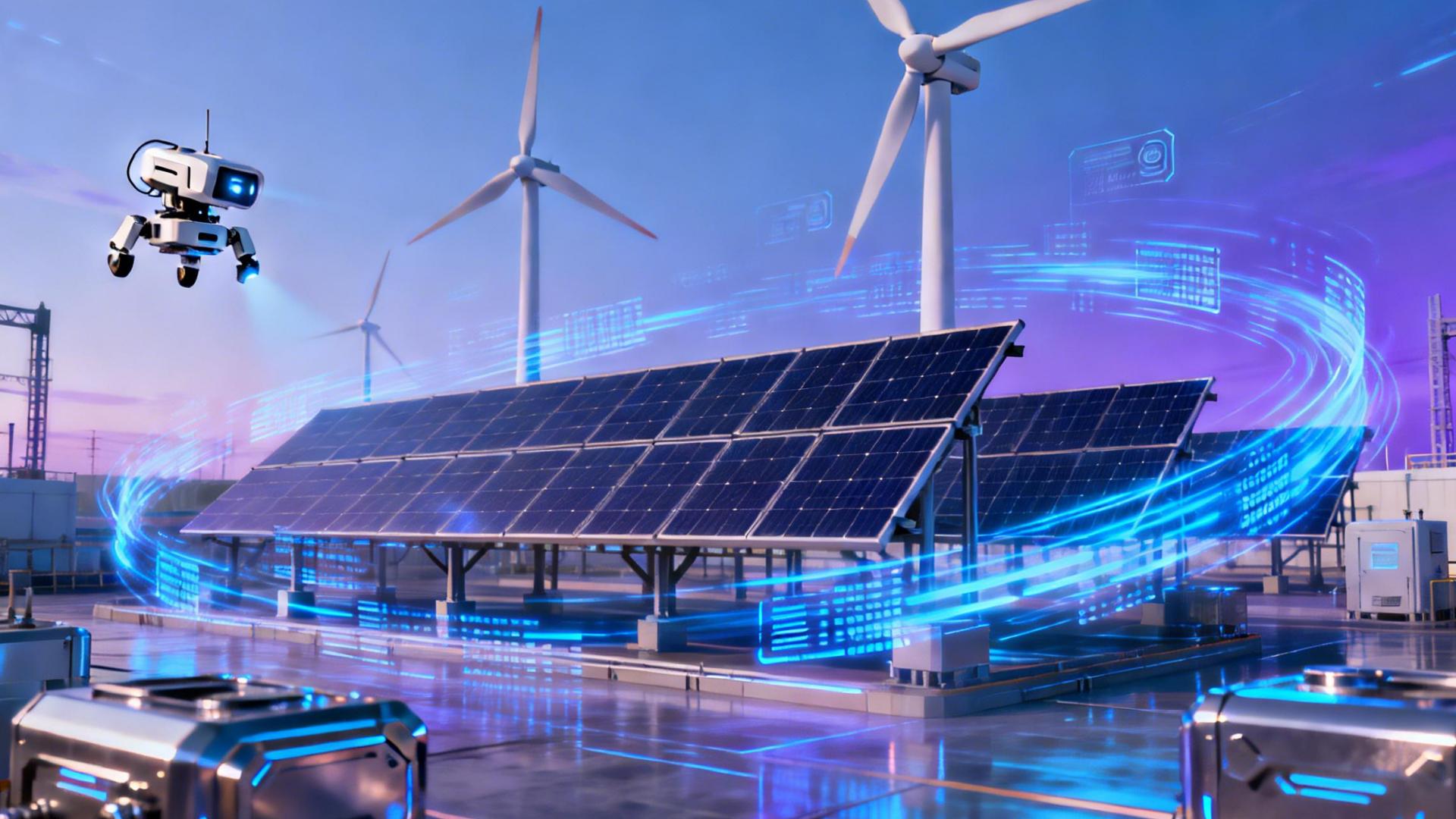 Future of Renewable Energy: AI Integration in Solar and Wind Power Infrastructure AI-powered smart energy management system integrating solar panels, wind turbines, and robotic automation for sustainable power