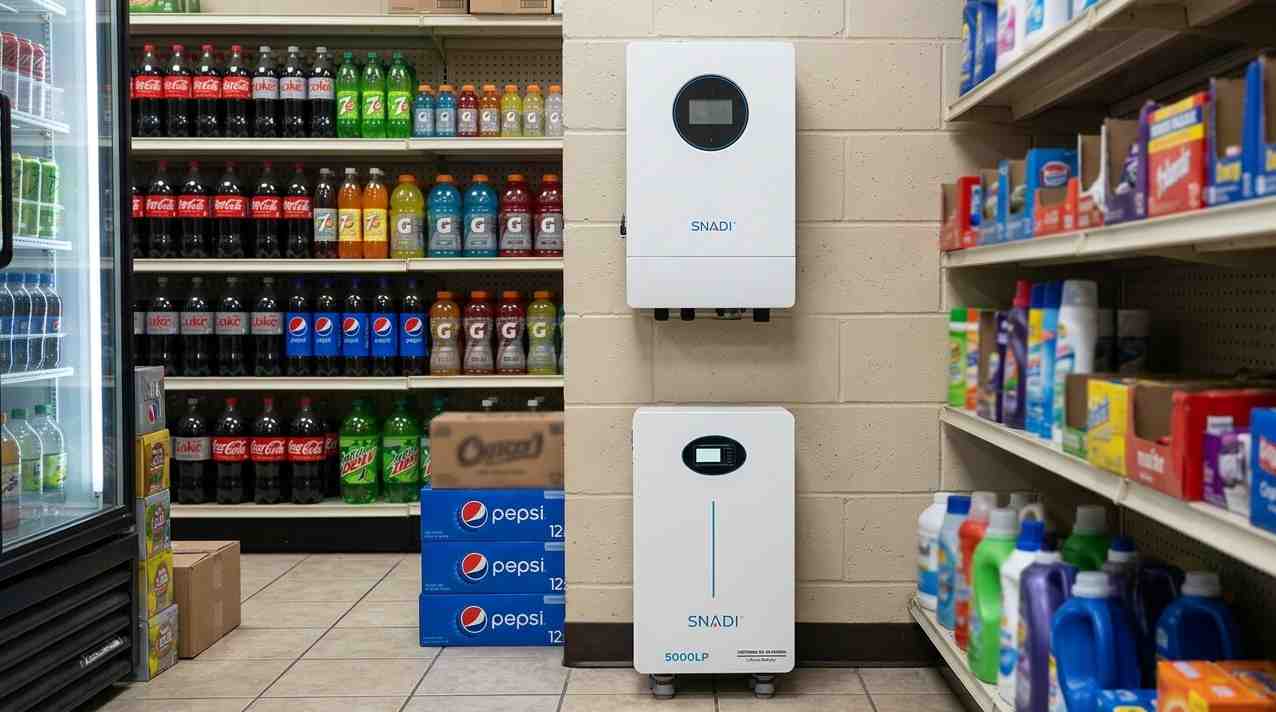 SNADI 5000LE Hybrid Commercial Storage Battery System in a Retail Store A SNADI 5000LE hybrid storage battery and inverter system installed in a commercial store utility area, providing backup power next to soda and cleaning product shelves.