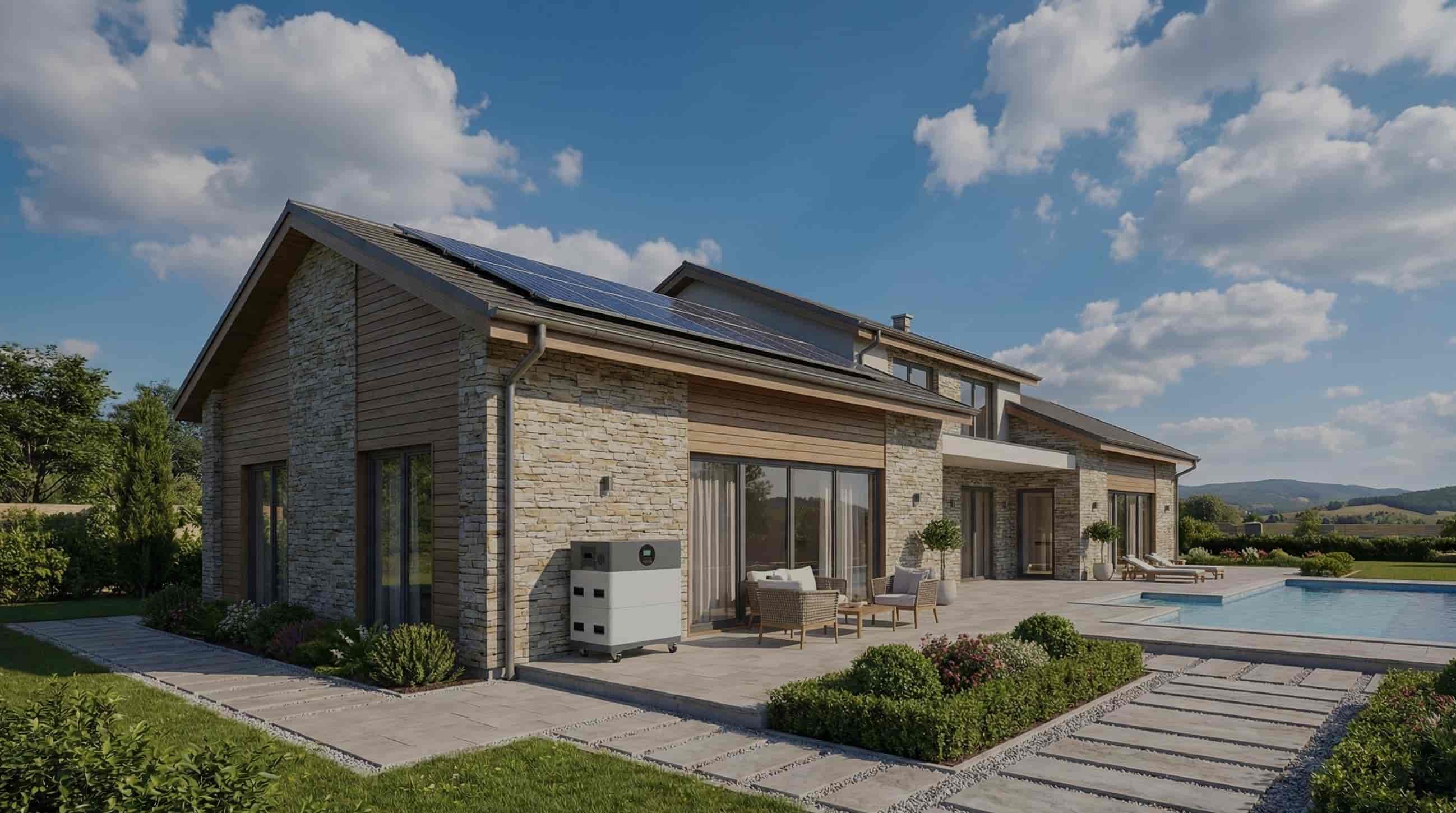 A modern villa exterior featuring rooftop solar panels and a SNADI/SNAT Solar residential all-in-one solar energy storage system installed on the patio near a swimming pool. Sustainable Home Energy Management: SNADI/SNAT Solar Integrated Residential Solar ESS