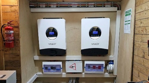 Wall Mounted Off Grid Solar Inverter Solution Professional off grid wall mount installation of two SNADI pure sine wave solar inverters.