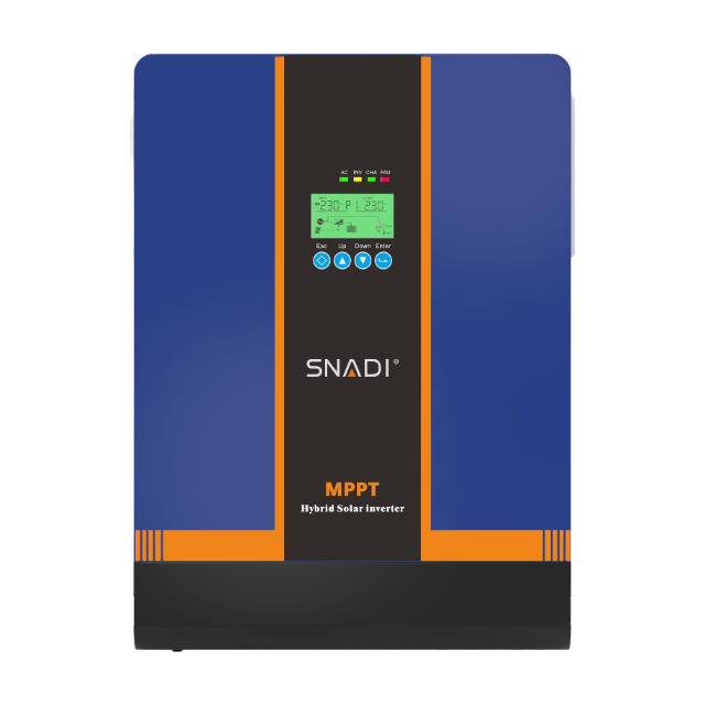SNADI NKH Series | High-Frequency Off-Grid Hybrid Inverter Front view of the SNADI NKH series high-frequency hybrid solar inverter featuring an integrated LCD monitoring panel.