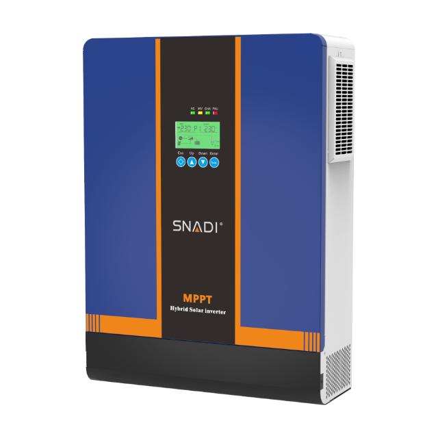 Intelligent 5kW NKH Hybrid Inverter with Built-in MPPT Side view of SNADI NKH 5kW off-grid hybrid inverter featuring industrial cooling vents and a robust ring transformer structure.