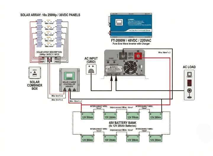 Professional Solar Components & Complete Kit Solutions | SNADI/SNAT Technical wiring schematic for a complete solar power system featuring charge controllers, combiner boxes, and multi battery bank configurations.