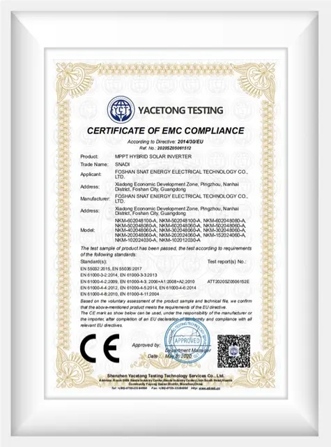 SNADI MPPT Hybrid Solar Inverter EMC Certificate Certificate of EMC Compliance for SNADI MPPT Hybrid Solar Inverter according to Directive 2014/30/EU.