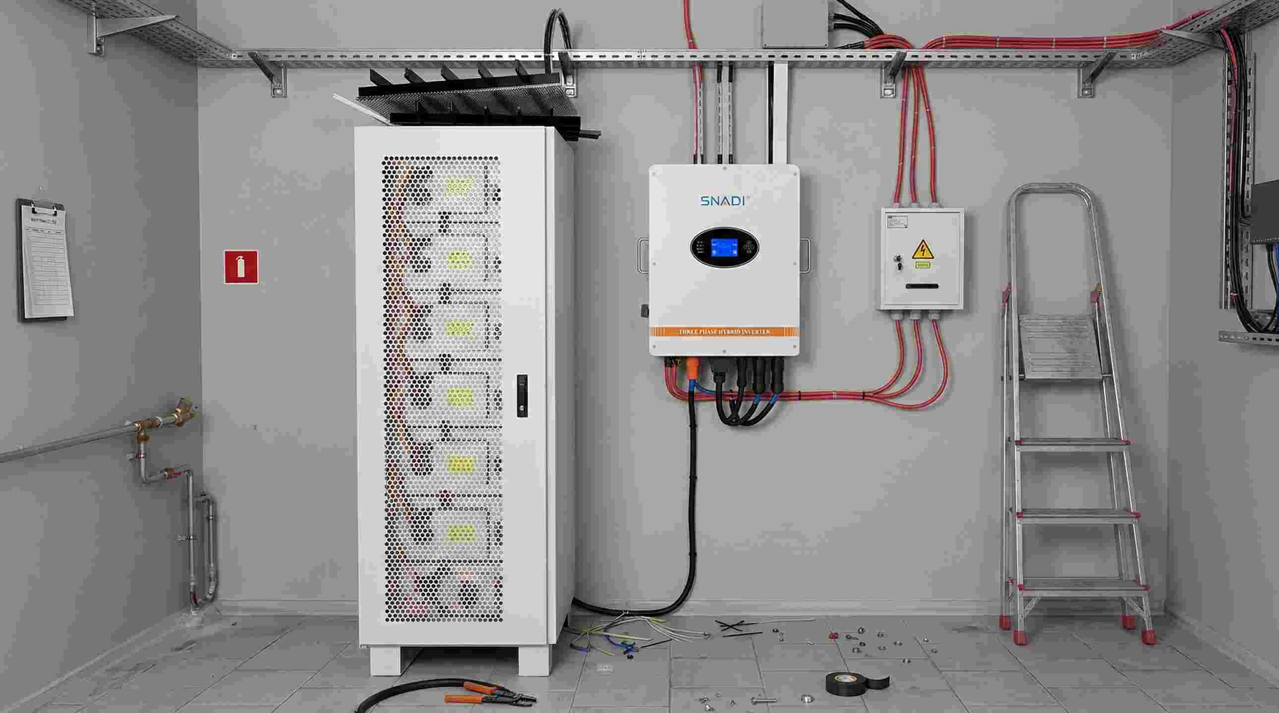 86kWh Commercial Hybrid Solar Storage System | SNADI / SNAT Solar SNADI 86kWh hybrid solar energy storage system with three-phase inverter and battery cabinet for commercial use.