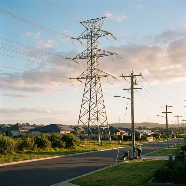SNADI/SNAT Solar | Integrated Utility Scale Renewable Energy Solutions An overview of SNADI/SNAT Solar's Utility Scale Solutions, illustrating a comprehensive renewable energy grid with a large high-voltage transmission tower, a utility worker performing pole maintenance, residential homes featuring integrated rooftop solar panels, and distant wind turbines, showcasing full renewable energy integration under a natural sunset sky.