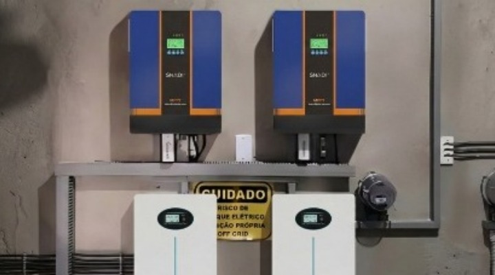 Dual Off Grid Inverter System Success Dual wall mounted SNADI off grid solar inverters with floor standing lithium batteries.