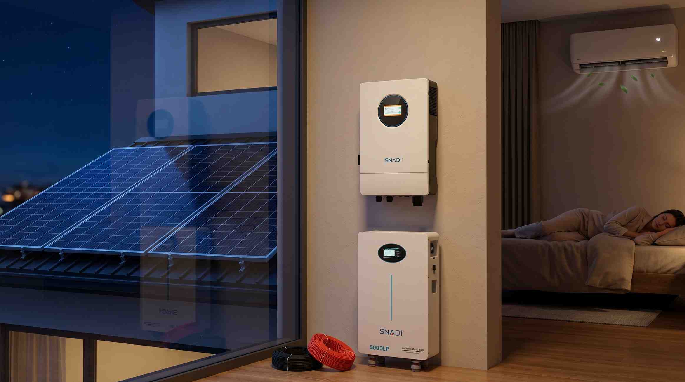 SNADI Home Solar Kit: PV Panels, 5000LE Battery & Inverter System A complete SNADI home solar power system kit, including multiple PV panels, a 5000LE lithium storage battery, a hybrid solar inverter, and installation cables, displayed on a clean white background.