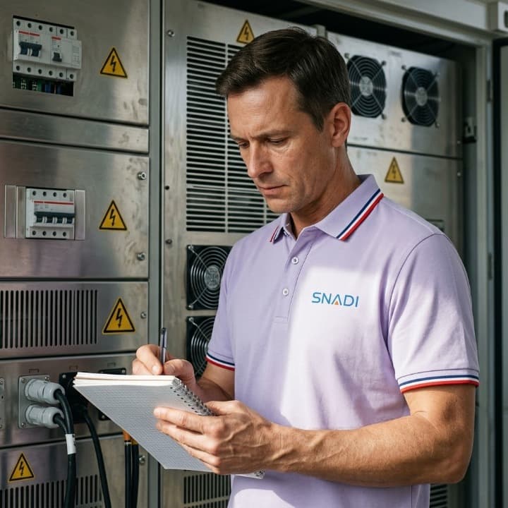 Professional Utility Scale Solar Services & Technical Support | SNADI / SNAT Solar A professional SNADI SNAT Solar engineer in branded uniform taking technical notes during an inspection of a utility scale energy storage cabinet.