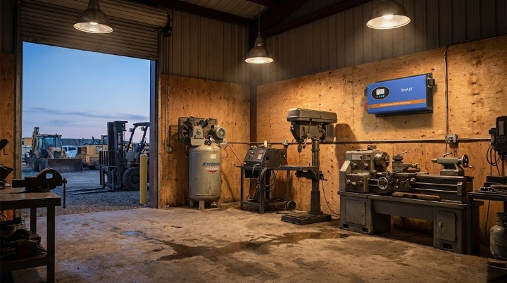 Heavy Duty Low Frequency Inverter Solutions for Industrial Loads | SNADI SNADI FT series low frequency pure sine wave inverter installed in a professional workshop, showcasing heavy duty durability to handle high surge inductive loads from industrial tools.