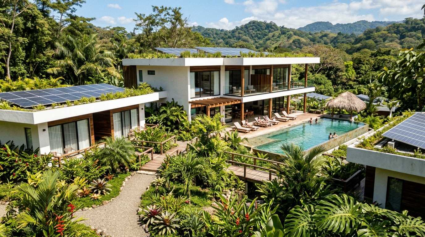 Reliable Commercial Solar Backup for Resilient Businesses Luxury resort in a tropical forest featuring green roofs with commercial solar panels, a swimming pool, and sustainable energy infrastructure.