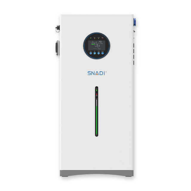 SNAT Solar NLB 6kW All-in-One ESS Front View Front view of slim SNAT Solar NLB 6kW all-in-one solar energy storage system with LCD control panel and vertical battery status display.
