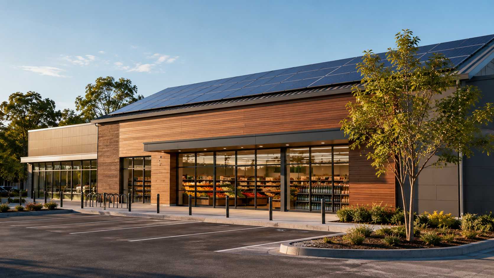 15–30kW Commercial Solar Inverter for Small Supermarkets | SNADI Small supermarket with rooftop solar panels for a 15–30kW commercial solar inverter application