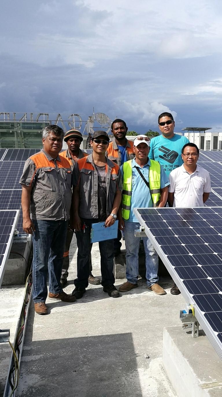 Turnkey Commercial Solar Solutions & Global Project Cases An experienced engineering and installation team standing together at a large commercial solar solution project site with ground-mounted photovoltaic arrays.