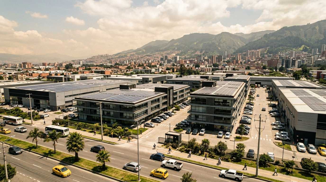 High-Efficiency Commercial & Industrial (C&I) Solar Systems Aerial view of a large commercial solar panel system installed on factory rooftops in an industrial park, optimizing energy for manufacturing.