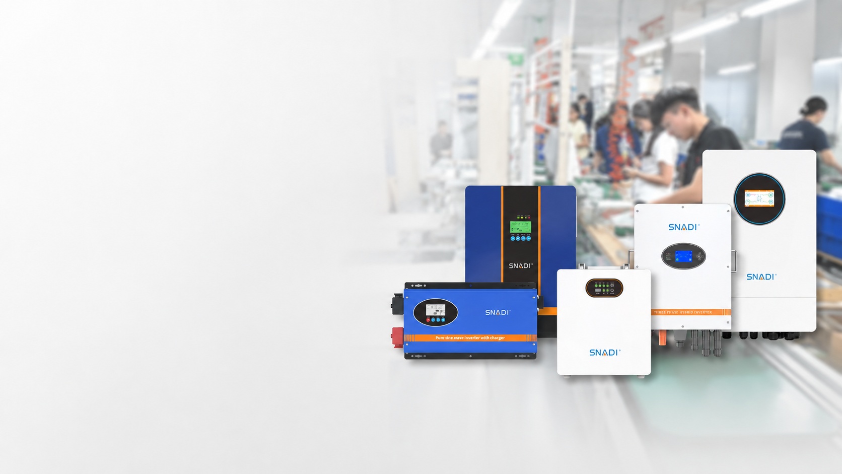 SNADI solar inverter wholesale banner featuring multiple inverter models and factory production for distributors and bulk buyers. SNADI Solar Inverter Wholesale Factory