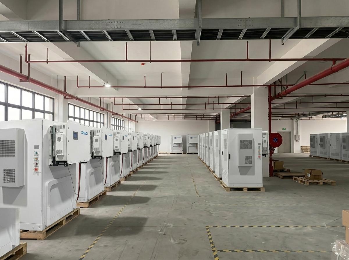 High-Capacity Integrated Solar Storage System Supplier A row of finished SNADI integrated solar storage system cabinets inside a clean, modern production workshop, showing scalable commercial ESS manufacturing capability.