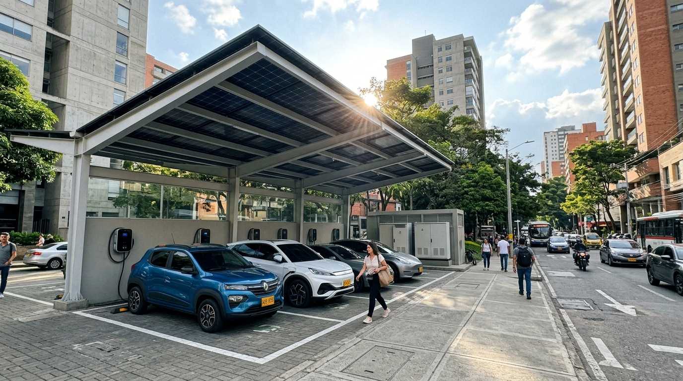 Integrated Commercial Solar Carport & EV Charging Solutions A modern commercial solar carport at an EV charging station, featuring integrated energy storage (ESS) with cars parked underneath.