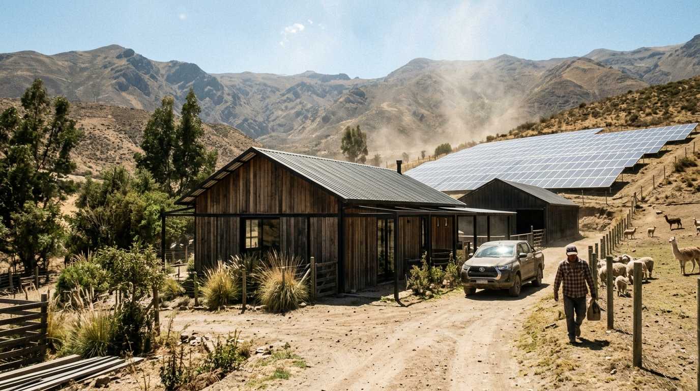 Resilient Off-Grid Solar Microgrids for Remote Locations A remote agricultural farm utilizing an off-grid solar microgrid system with ground-mounted panels, a wooden cabin, and animals.