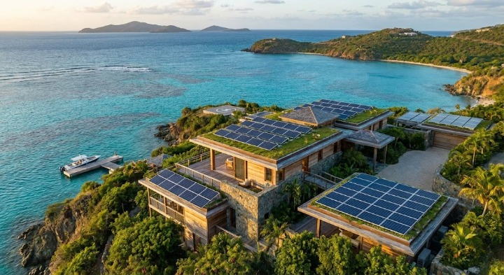 Off-grid luxury island villa powered by extensive rooftop solar panels and remote energy system.