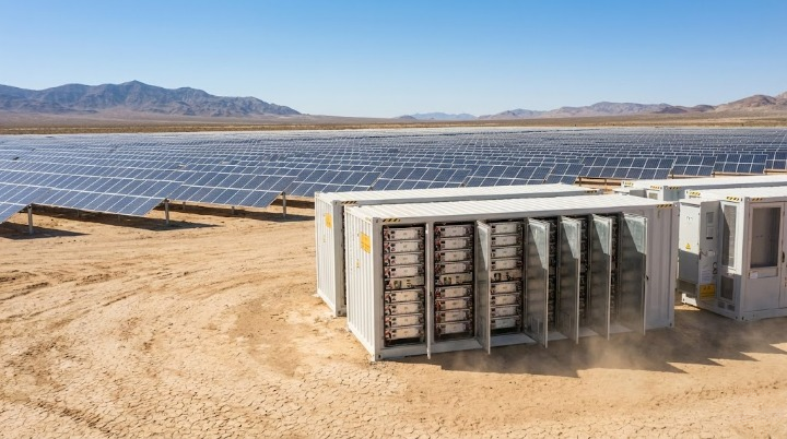 SNADI containerized energy storage systems (BESS) integrated with a vast solar array in a desert