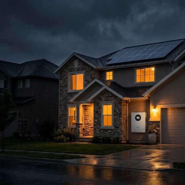 SNADI residential hybrid solar inverter and battery storage system providing backup power to a modern home during a storm at night.