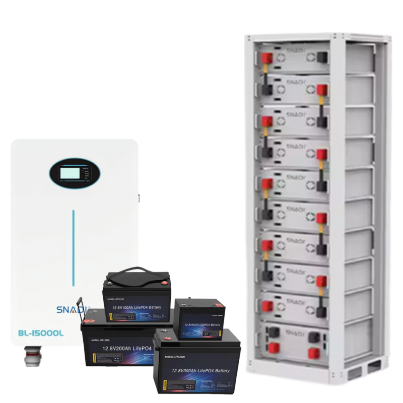 SNADI LiFePO4 solar battery collection featuring the BL-15000L wall-mounted energy storage system, 12.8V 100Ah/200Ah/300Ah lithium battery packs, and high-capacity rack-mounted battery modules.